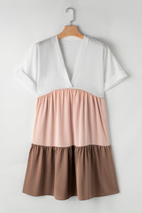Whoopsie Daisy-Color Block V-Neck Short Sleeve Mini Dress-Whoopsie Daisy