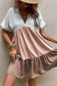 Whoopsie Daisy-Color Block V-Neck Short Sleeve Mini Dress-Whoopsie Daisy
