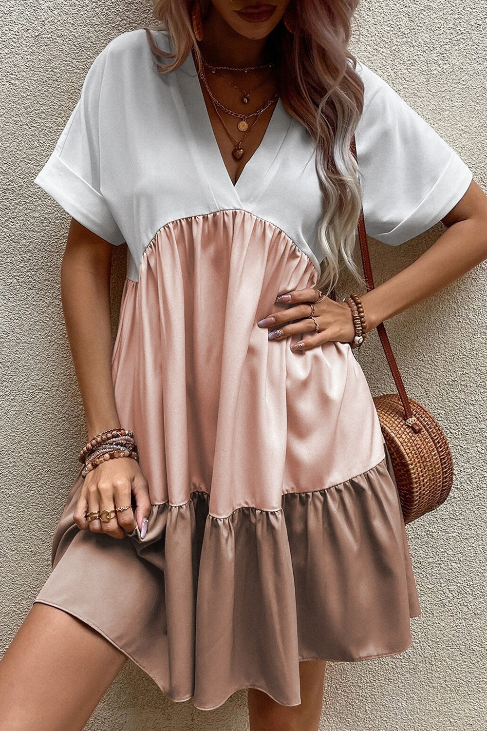 Whoopsie Daisy-Color Block V-Neck Short Sleeve Mini Dress-Whoopsie Daisy