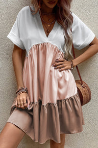 Whoopsie Daisy-Color Block V-Neck Short Sleeve Mini Dress-Whoopsie Daisy