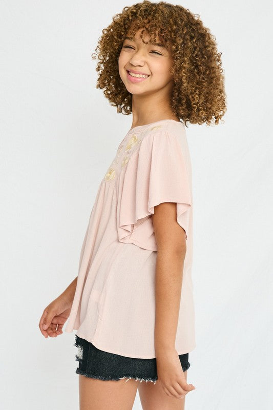 hayden-Hayden Floral Embroidered Ruffle Sleeve Top-Whoopsie Daisy