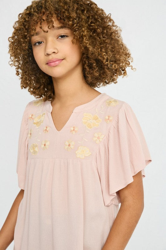 hayden-Hayden Floral Embroidered Ruffle Sleeve Top-Whoopsie Daisy