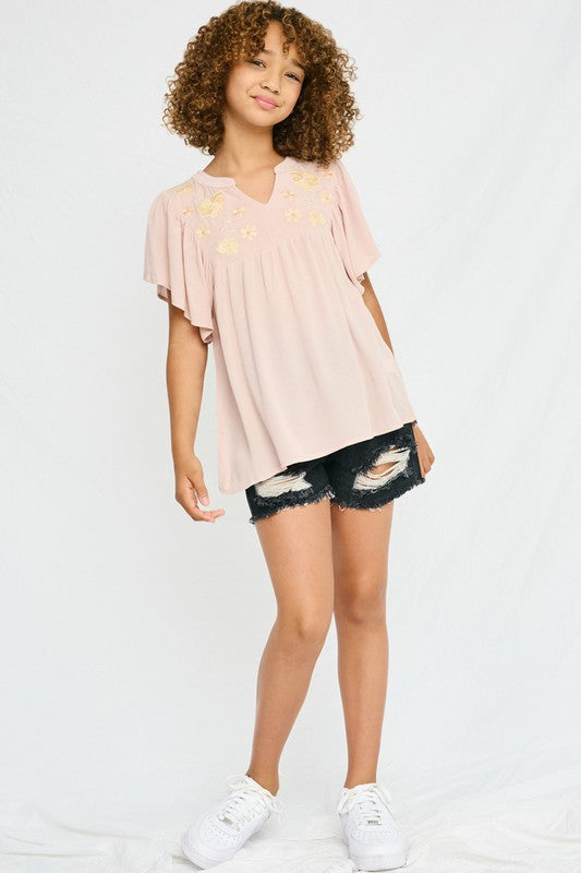hayden-Hayden Floral Embroidered Ruffle Sleeve Top-Whoopsie Daisy